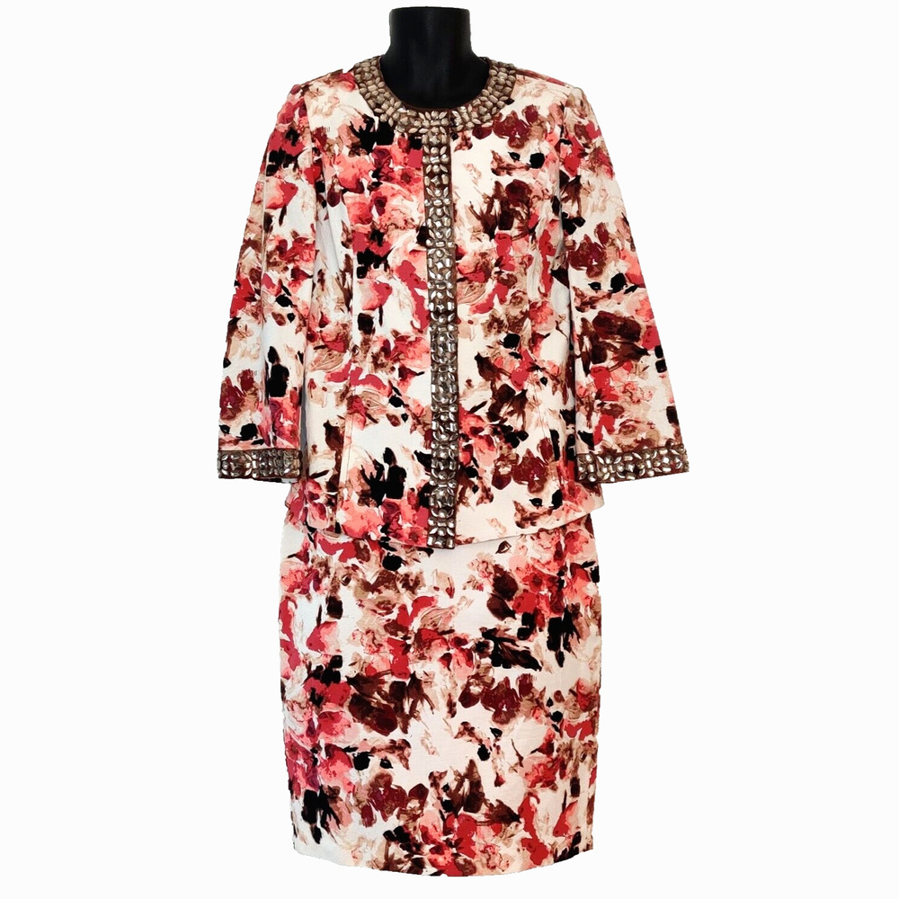 St John Womens Jacket & Skirt Set SIZE 6 Floral Print Jewels Luxury Chic Stylish